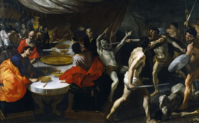 Картина Джованни Лафранко изображает гладиаторов, развлекающих боем римлян на пиру.